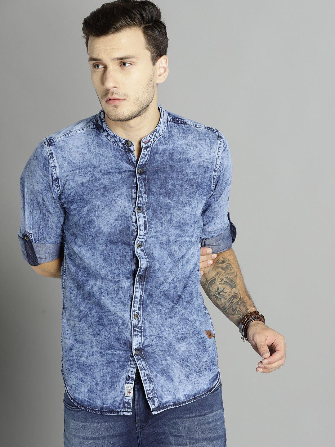 roadster men blue regular fit denim casual shirt with heavy wash