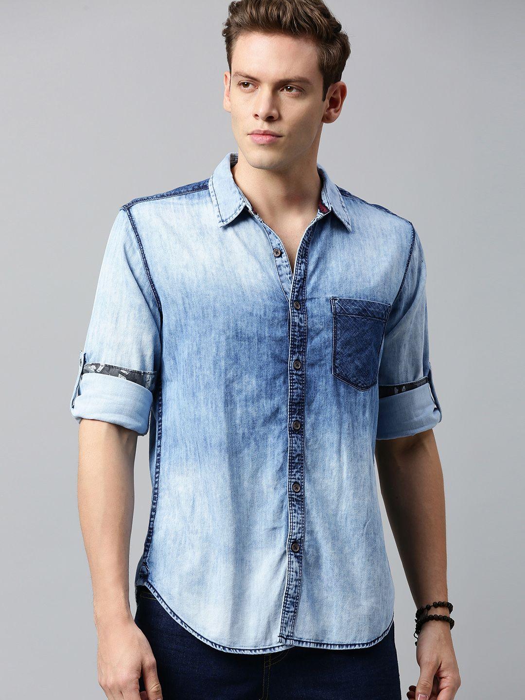 roadster men blue regular fit faded casual chambray sustainable shirt