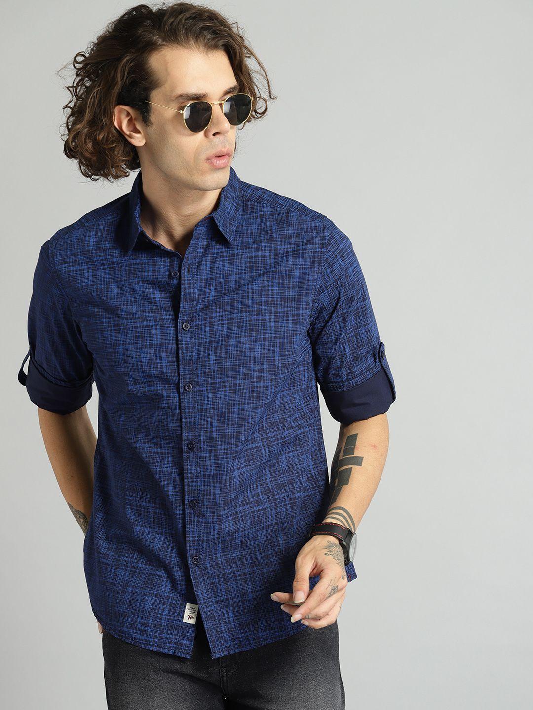 roadster men blue regular fit printed indigo sustainable casual shirt