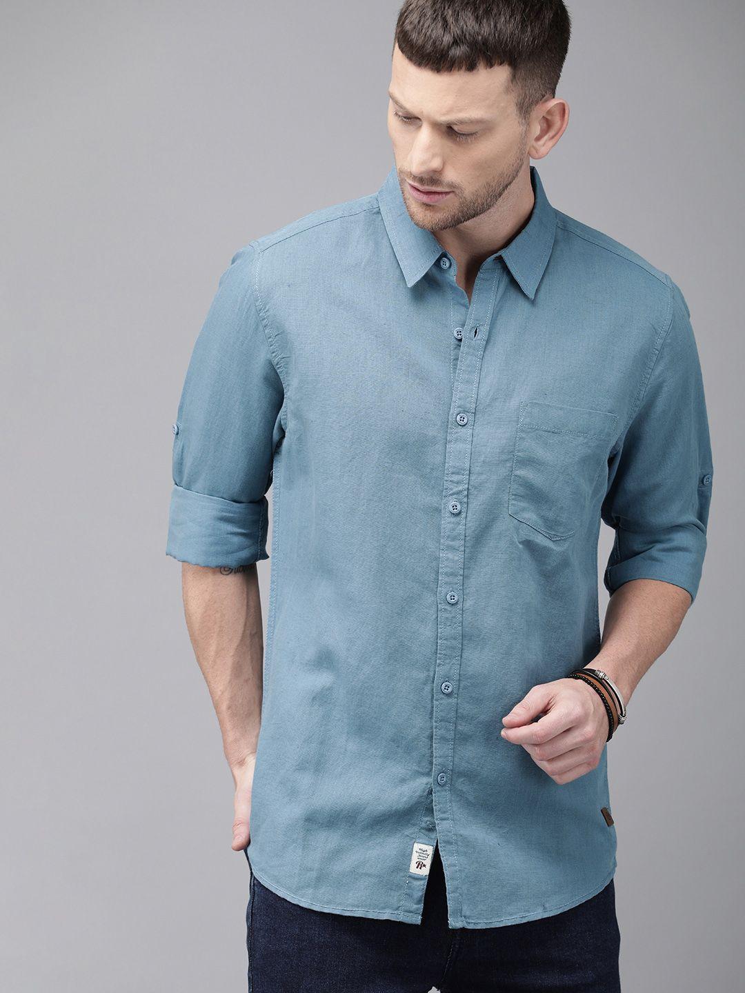 roadster men blue regular fit solid fog linen cotton sustainable casual shirt