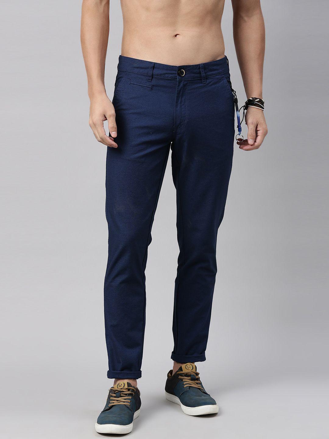 roadster men blue regular fit solid trousers