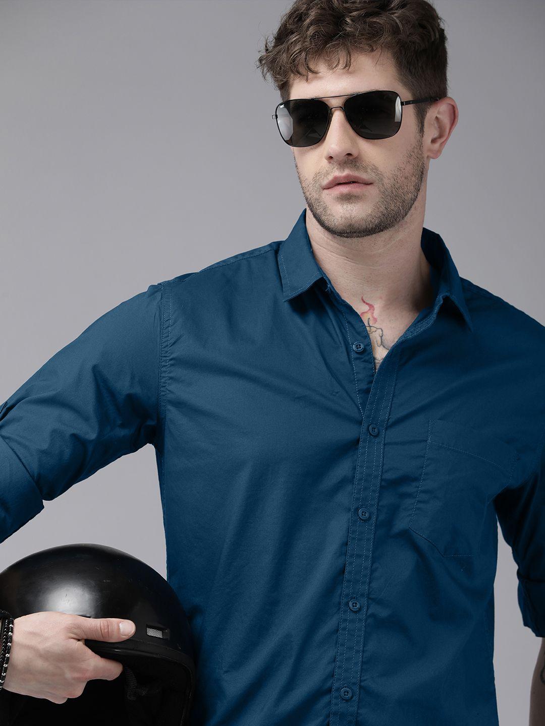 roadster men blue slim fit solid casual shirt