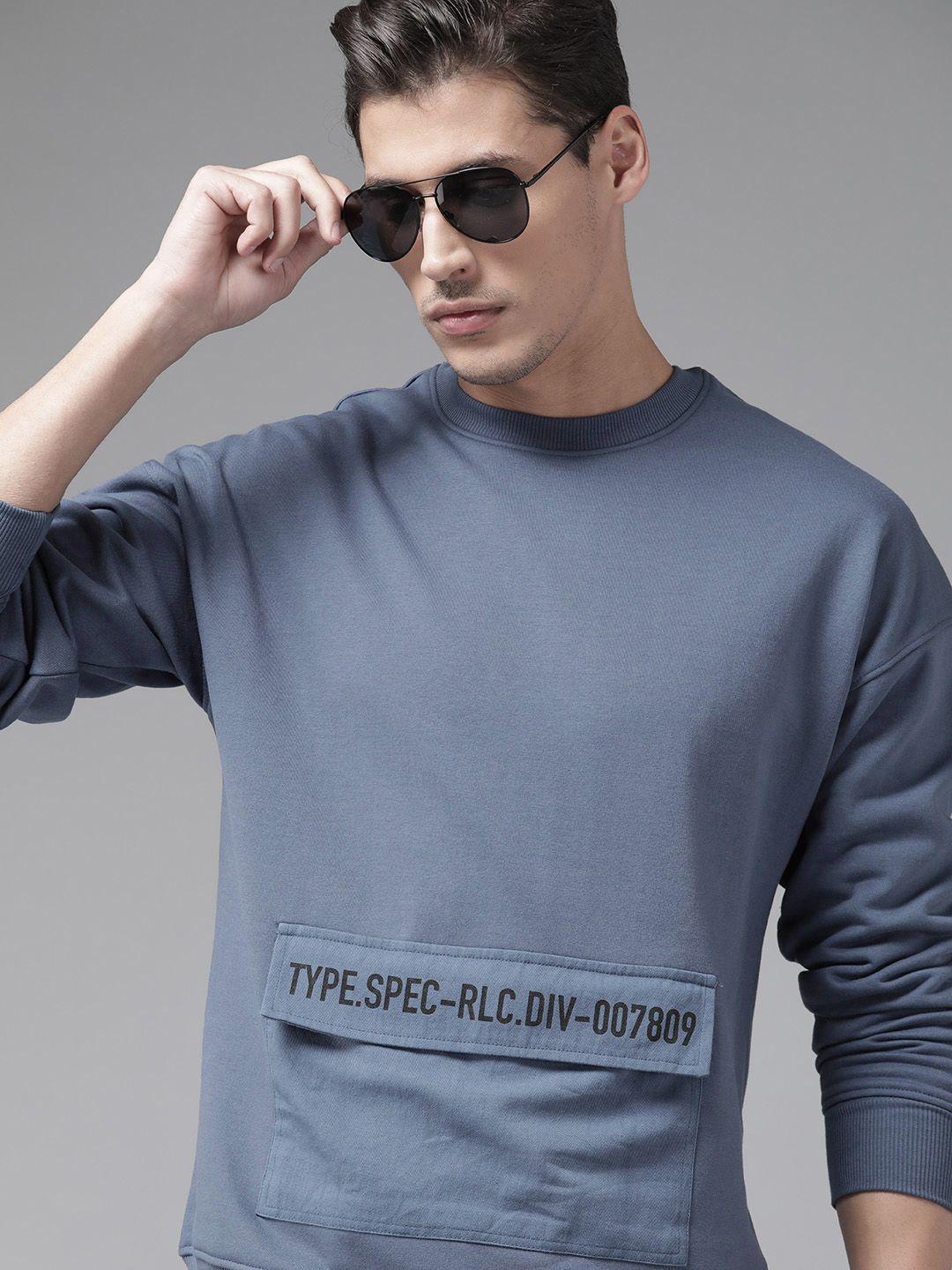 roadster men blue solid box pocket sweatshirt