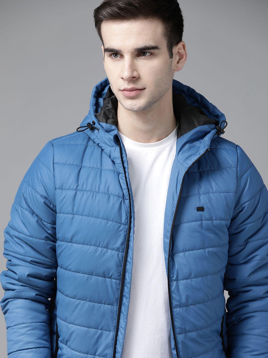 roadster men blue solid hooded padded jacket