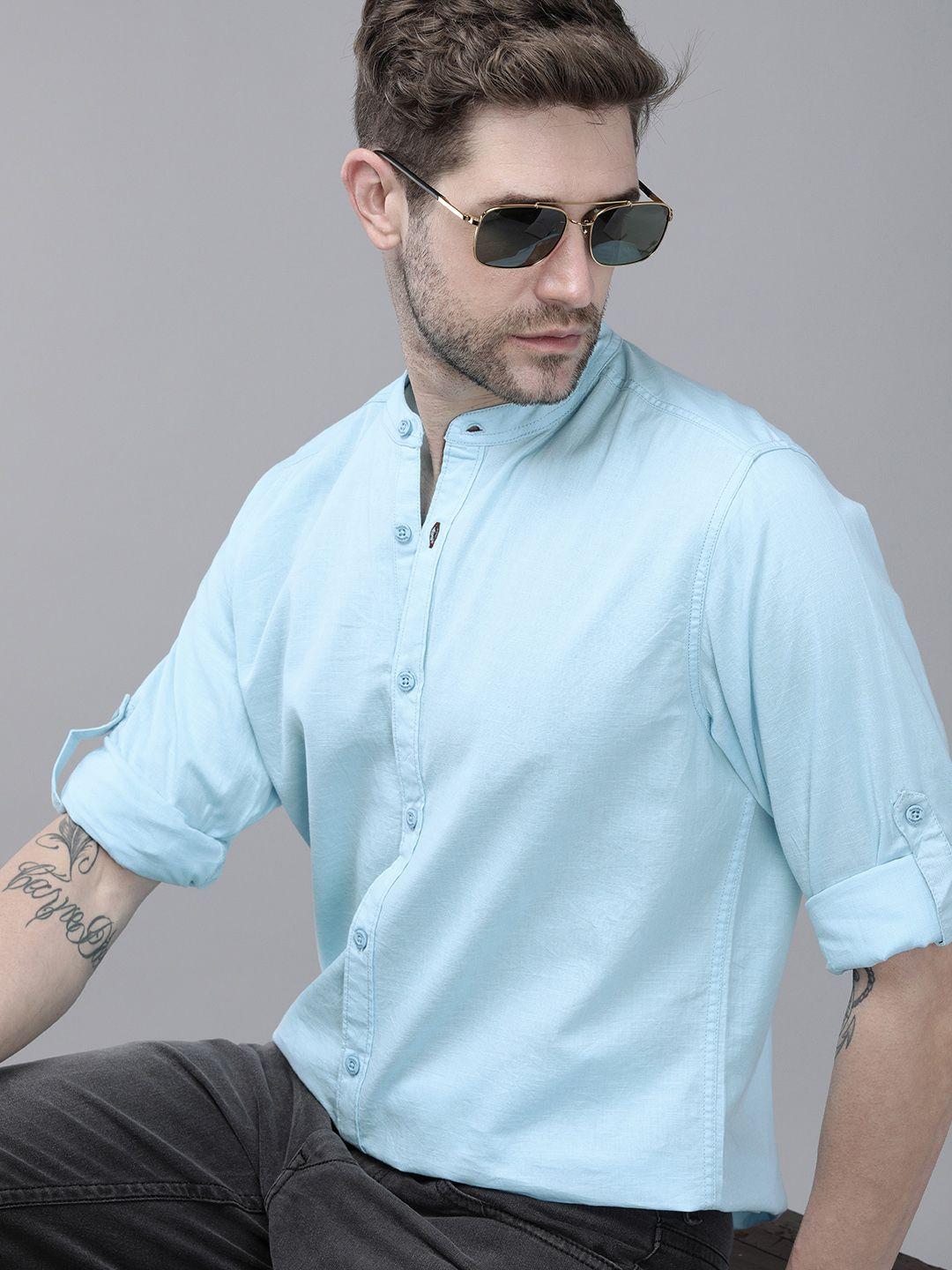 roadster men blue solid mandarin collar pure cotton sustainable casual shirt