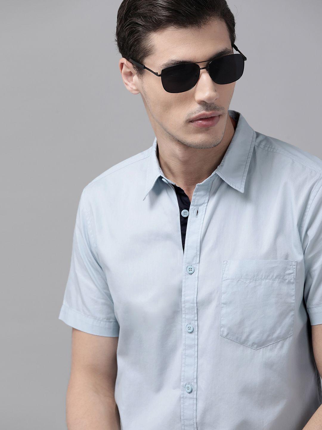 roadster men blue solid pure cotton casual shirt