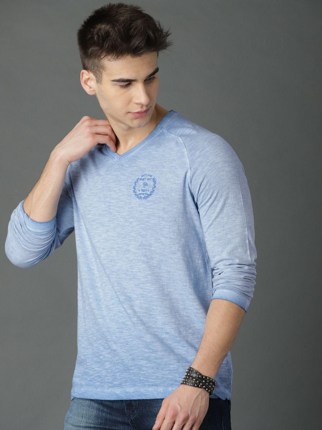 roadster men blue solid v-neck t-shirt