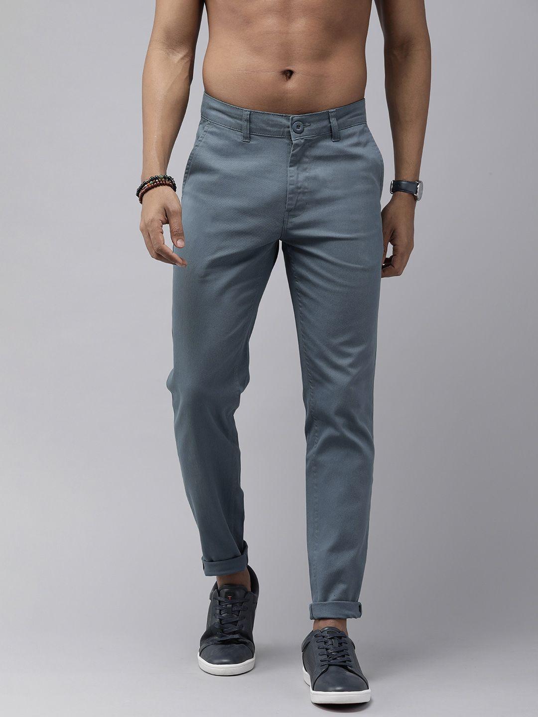 roadster men blue straight fit solid trousers