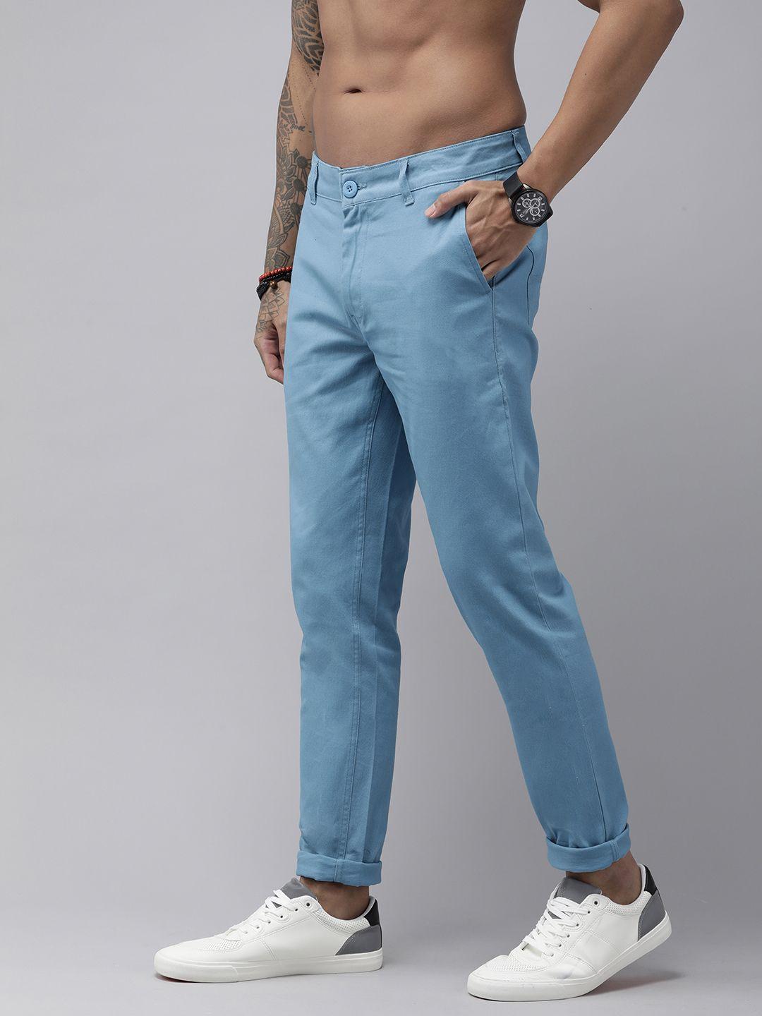 roadster men blue straight fit solid trousers