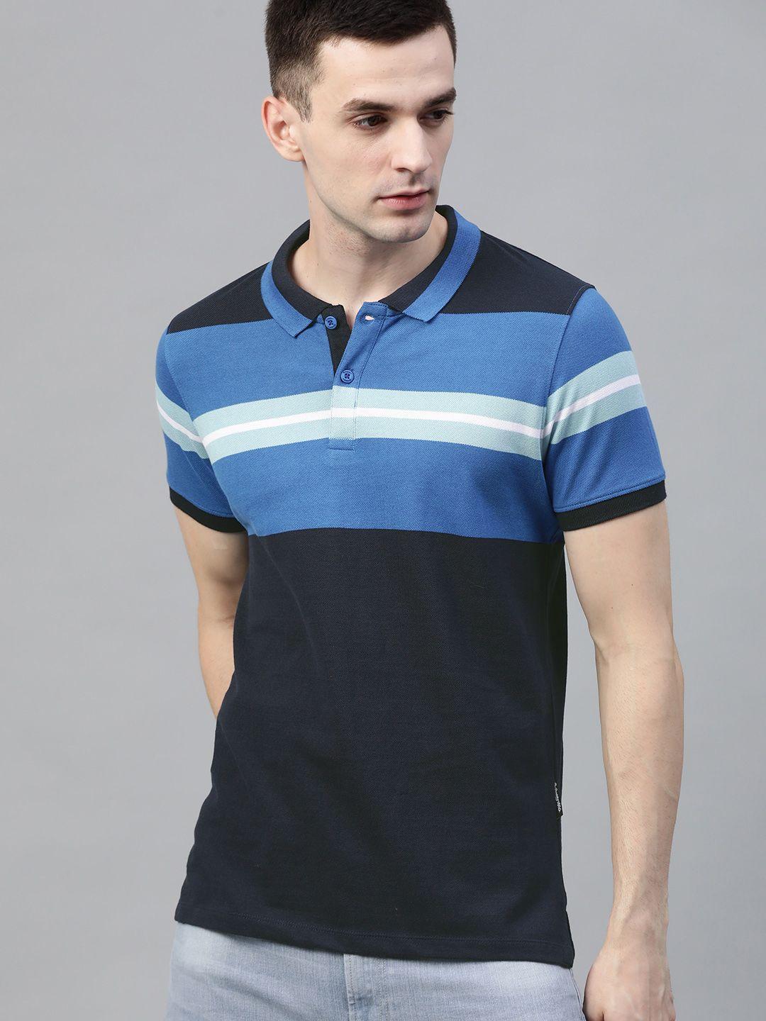 roadster men blue striped polo collar pure cotton t-shirt
