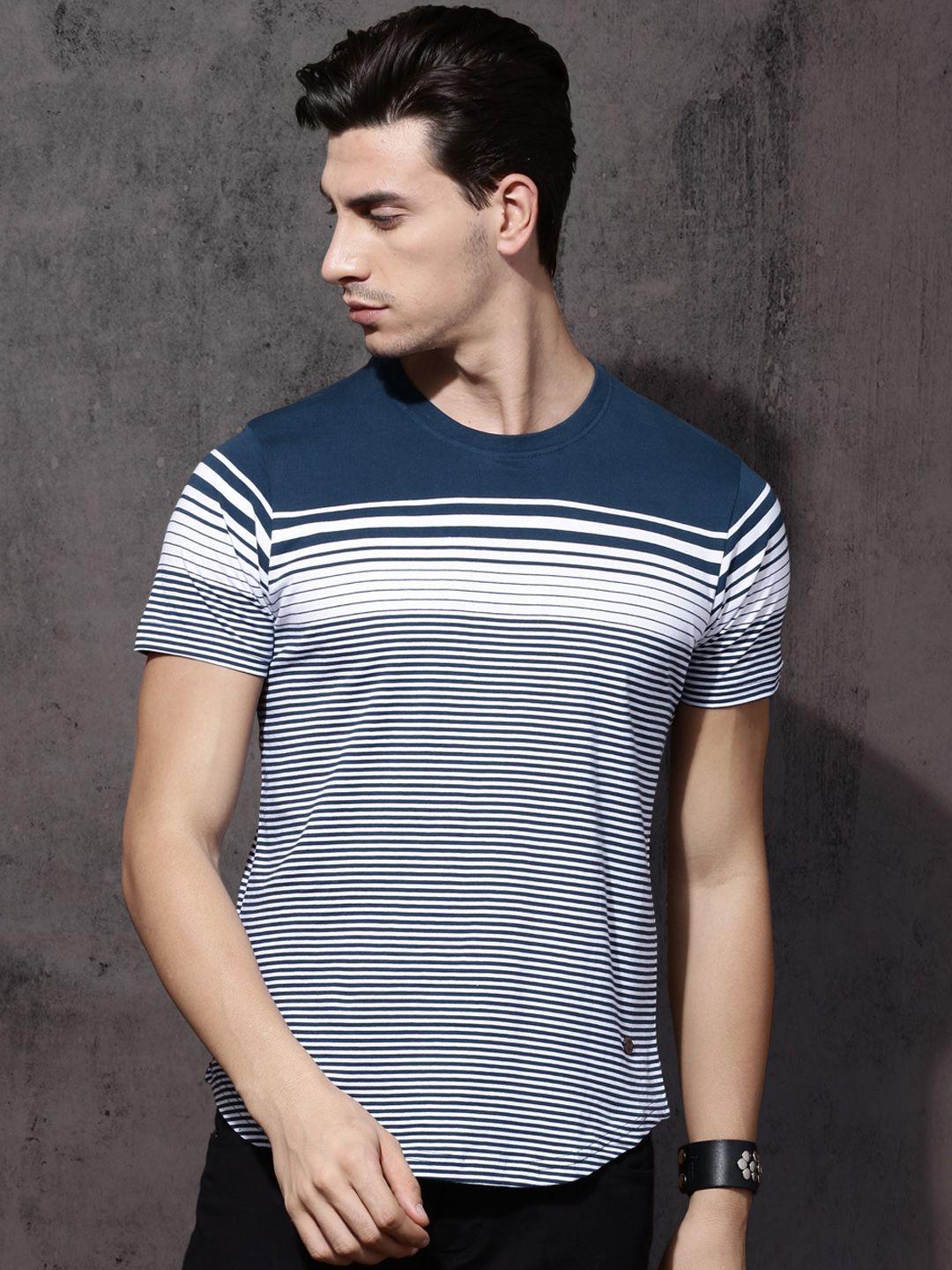 roadster men blue striped round neck t-shirt