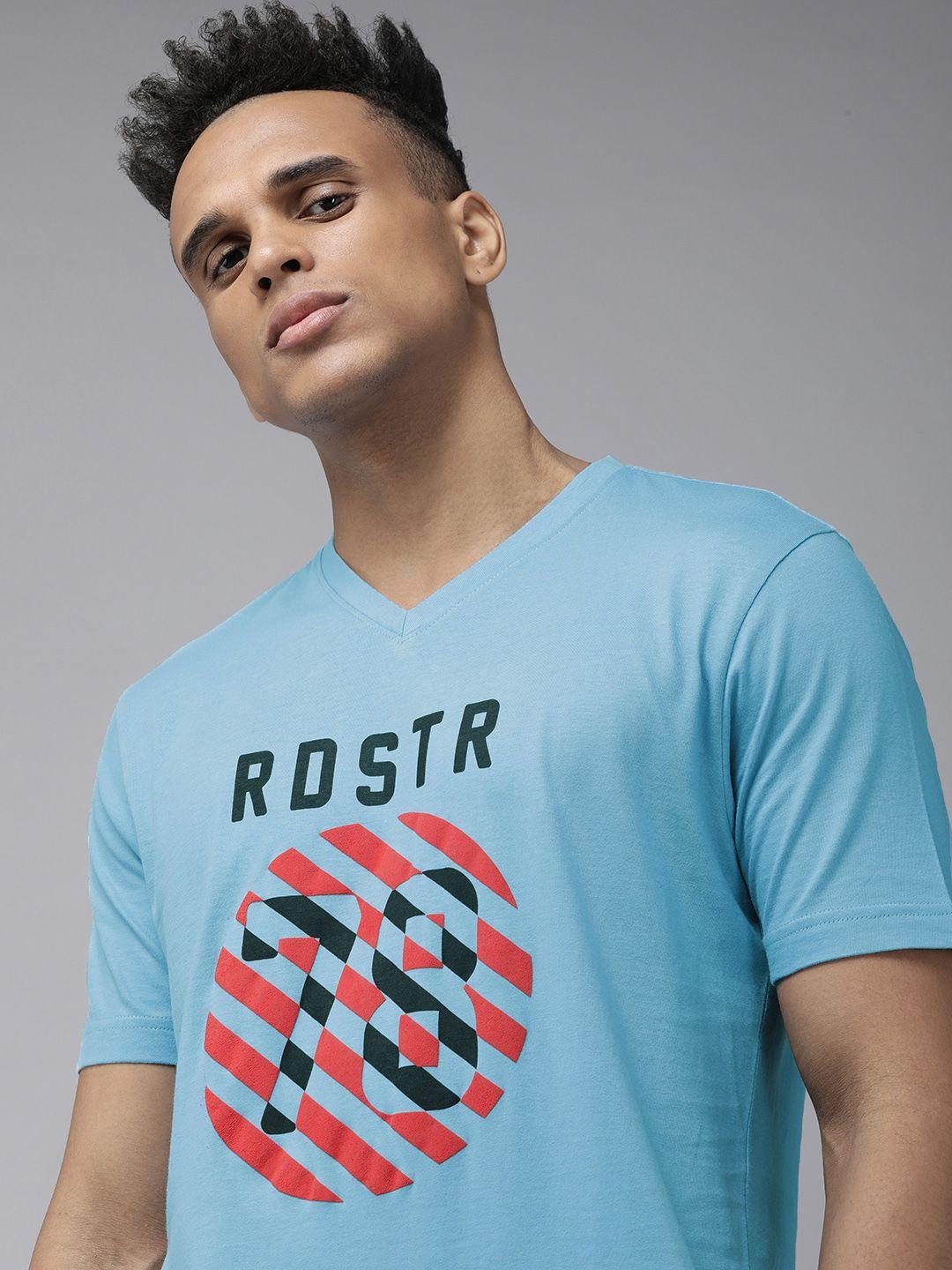 roadster men blue typography printed v-neck t-shirt