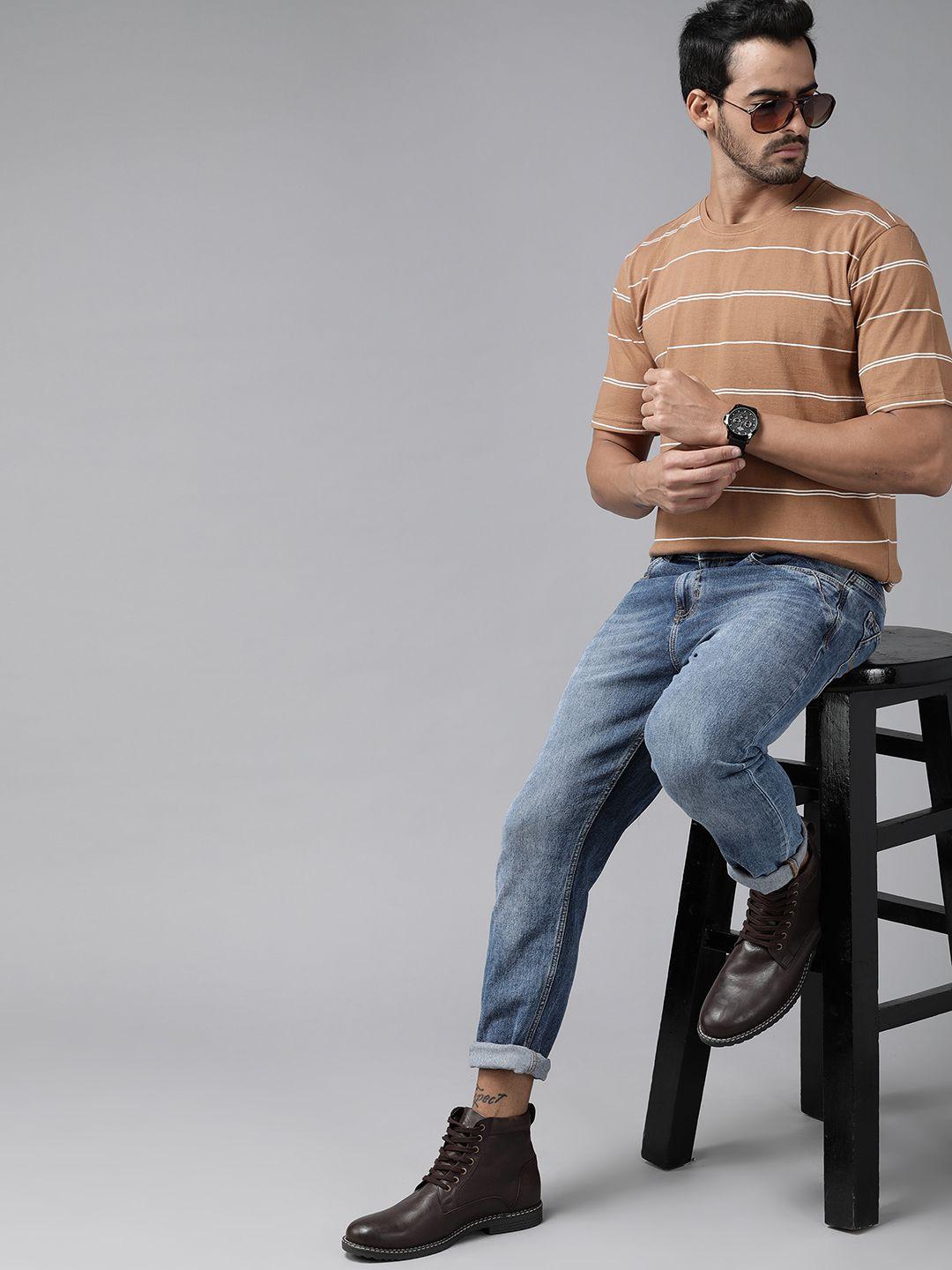 roadster men brown & beige striped t-shirt