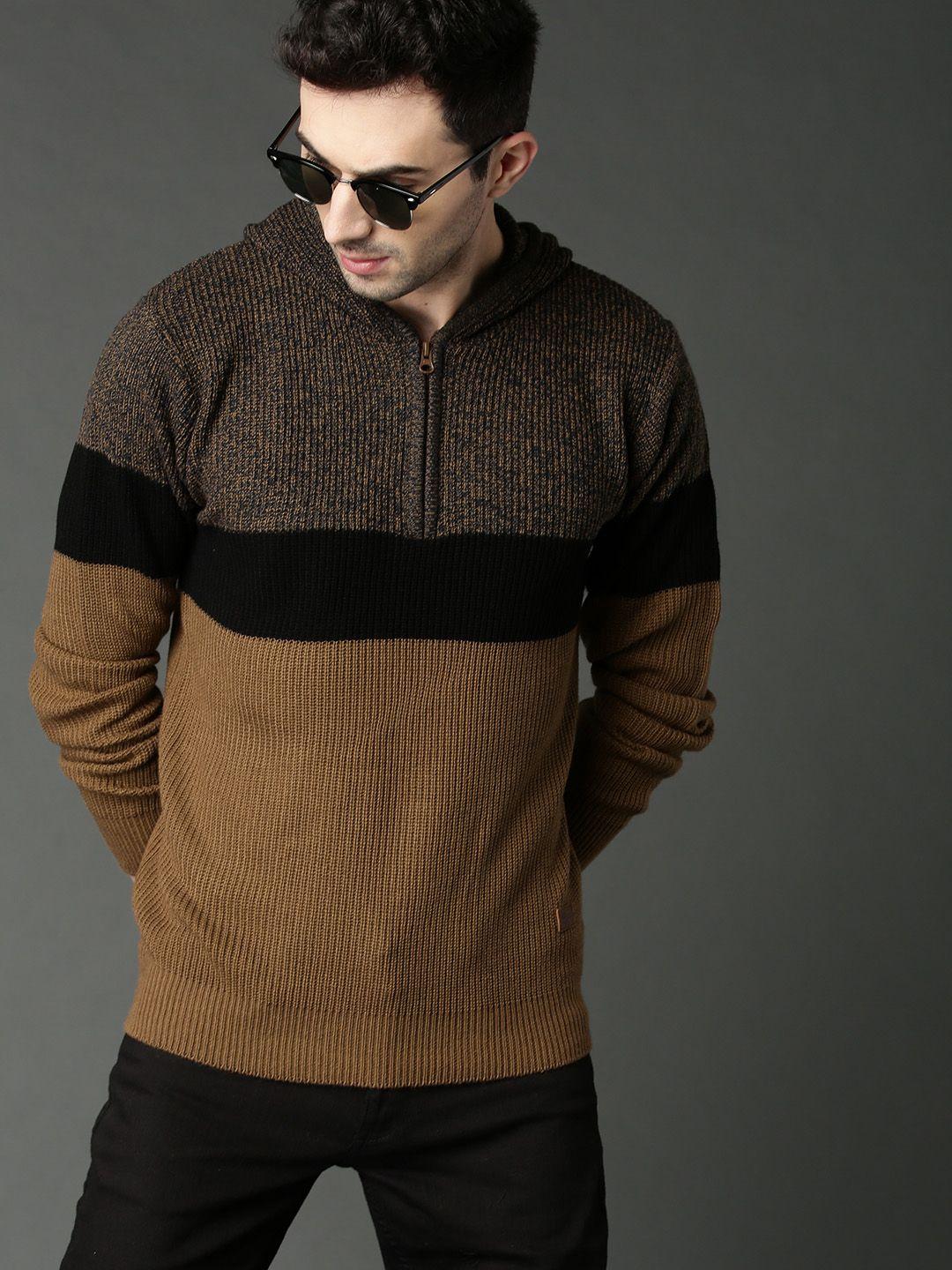 roadster men brown & black colourblocked hooded pullover