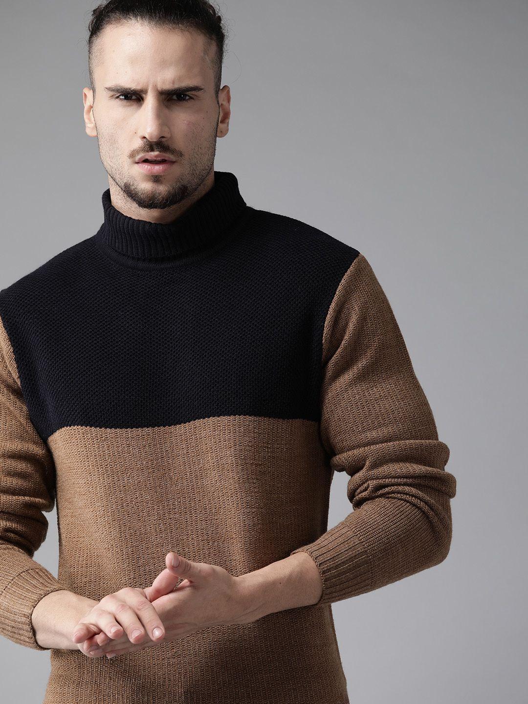 roadster men brown & black colourblocked pullover