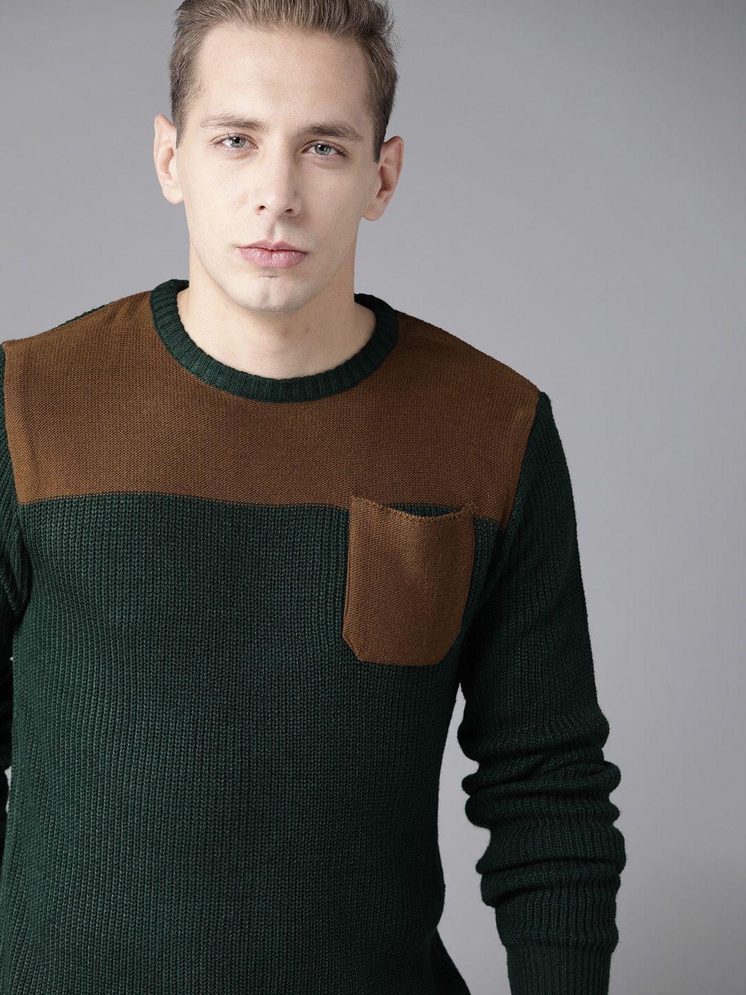 roadster men brown & green colourblocked acrylic sweater