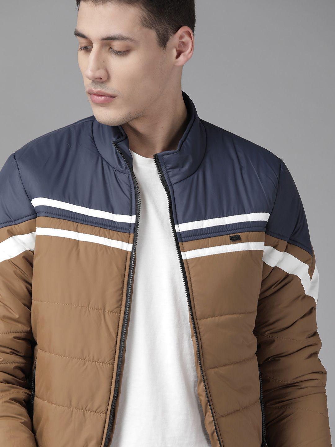 roadster men brown & navy blue colourblocked puffer jacket