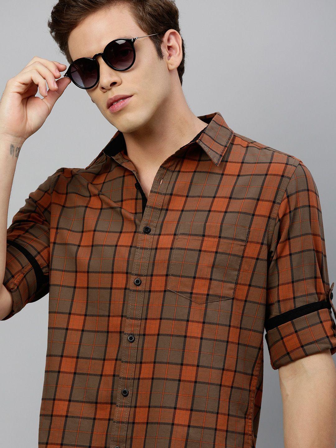 roadster men brown & rust orange regular fit checked casual sustainable shirt