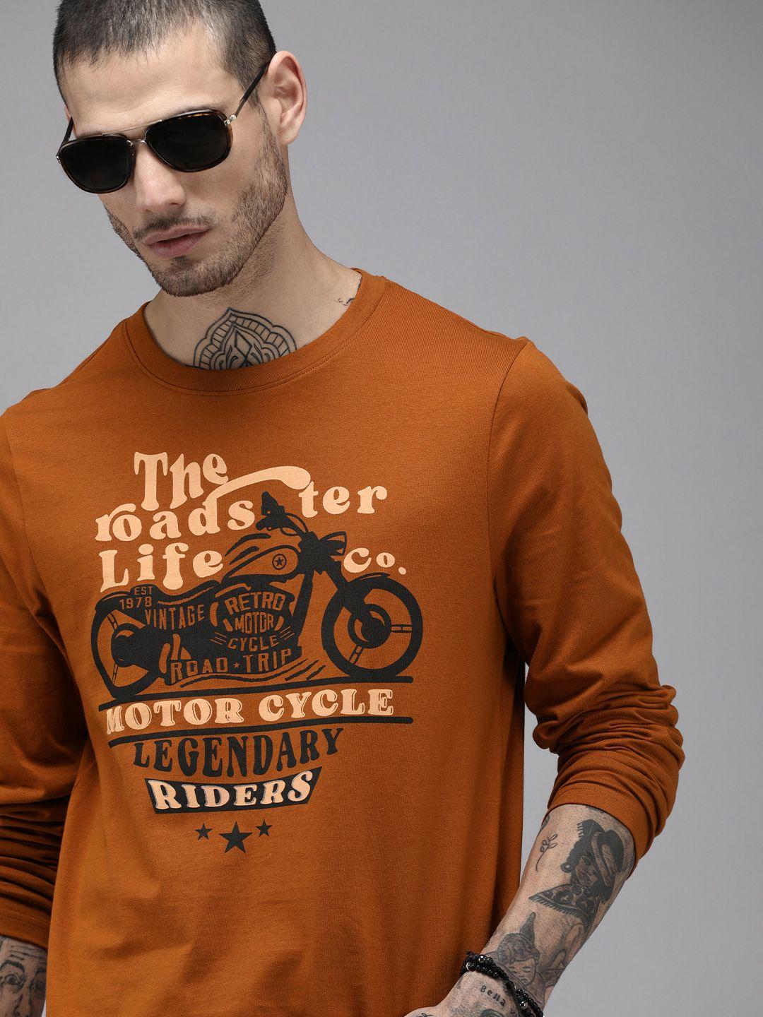 roadster men brown printed cotton t-shirt