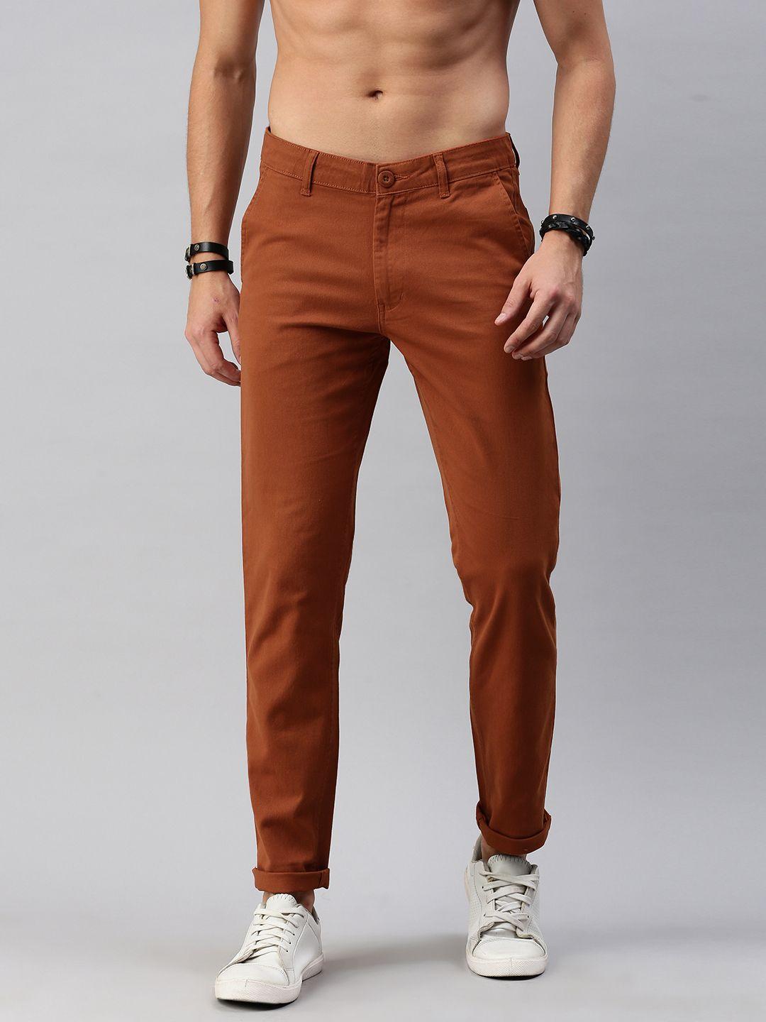 roadster men brown regular fit solid regular trousers