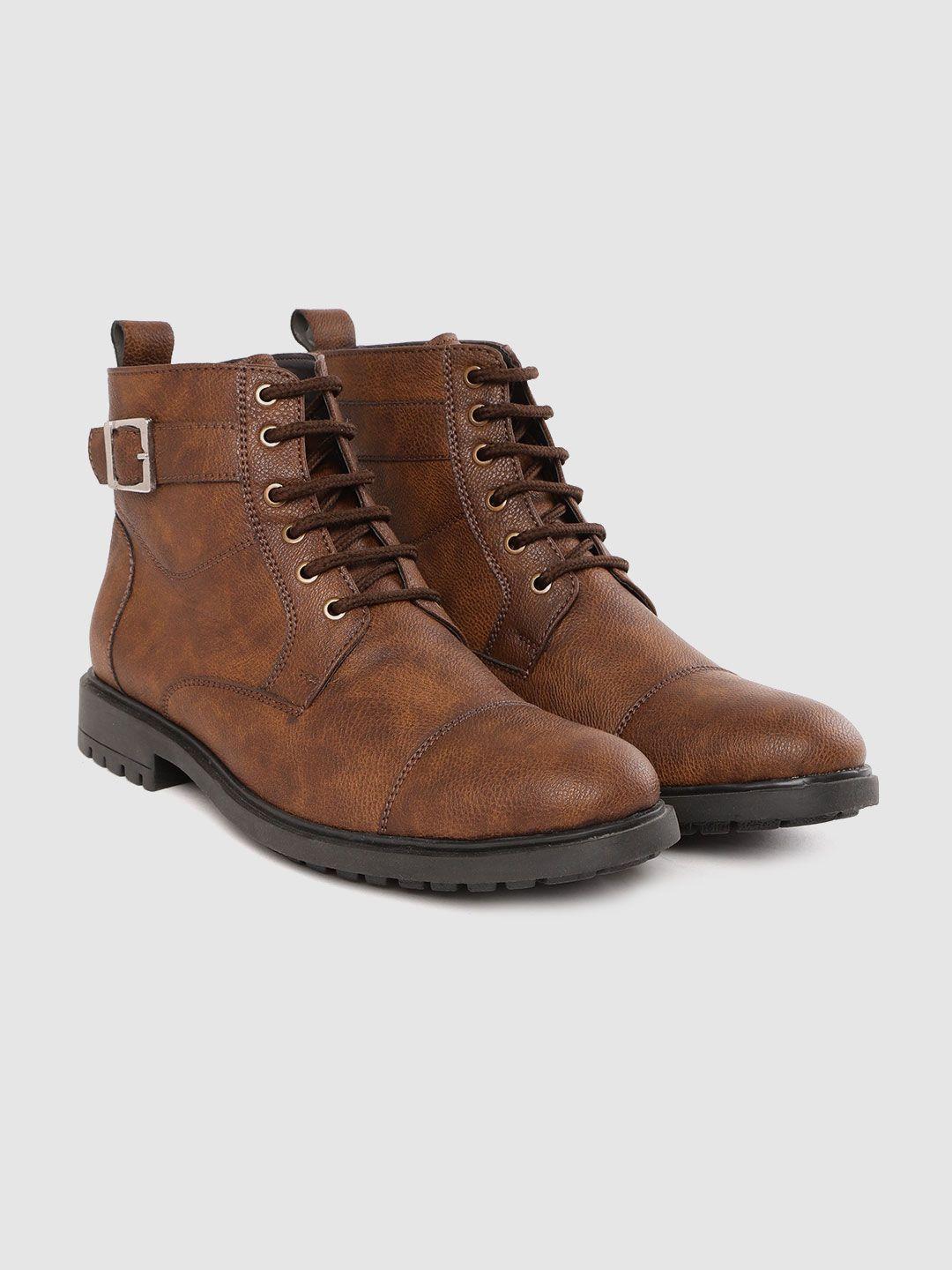 roadster men brown solid mid-top flat boots