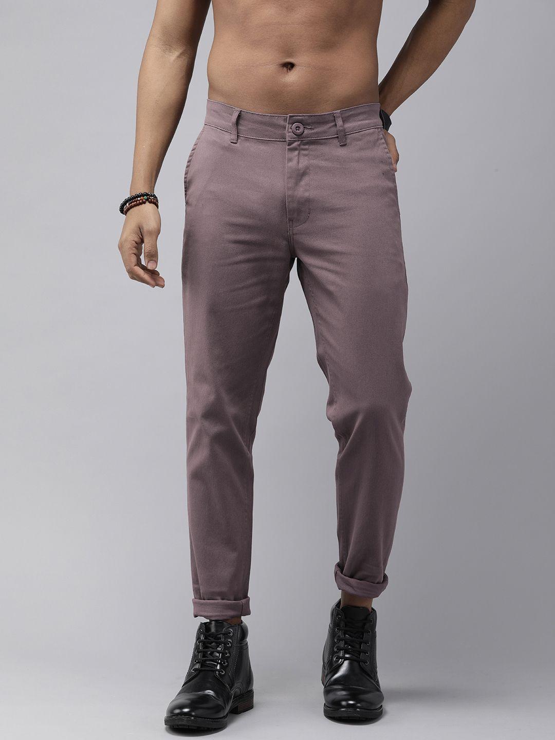 roadster men brown straight fit solid trousers