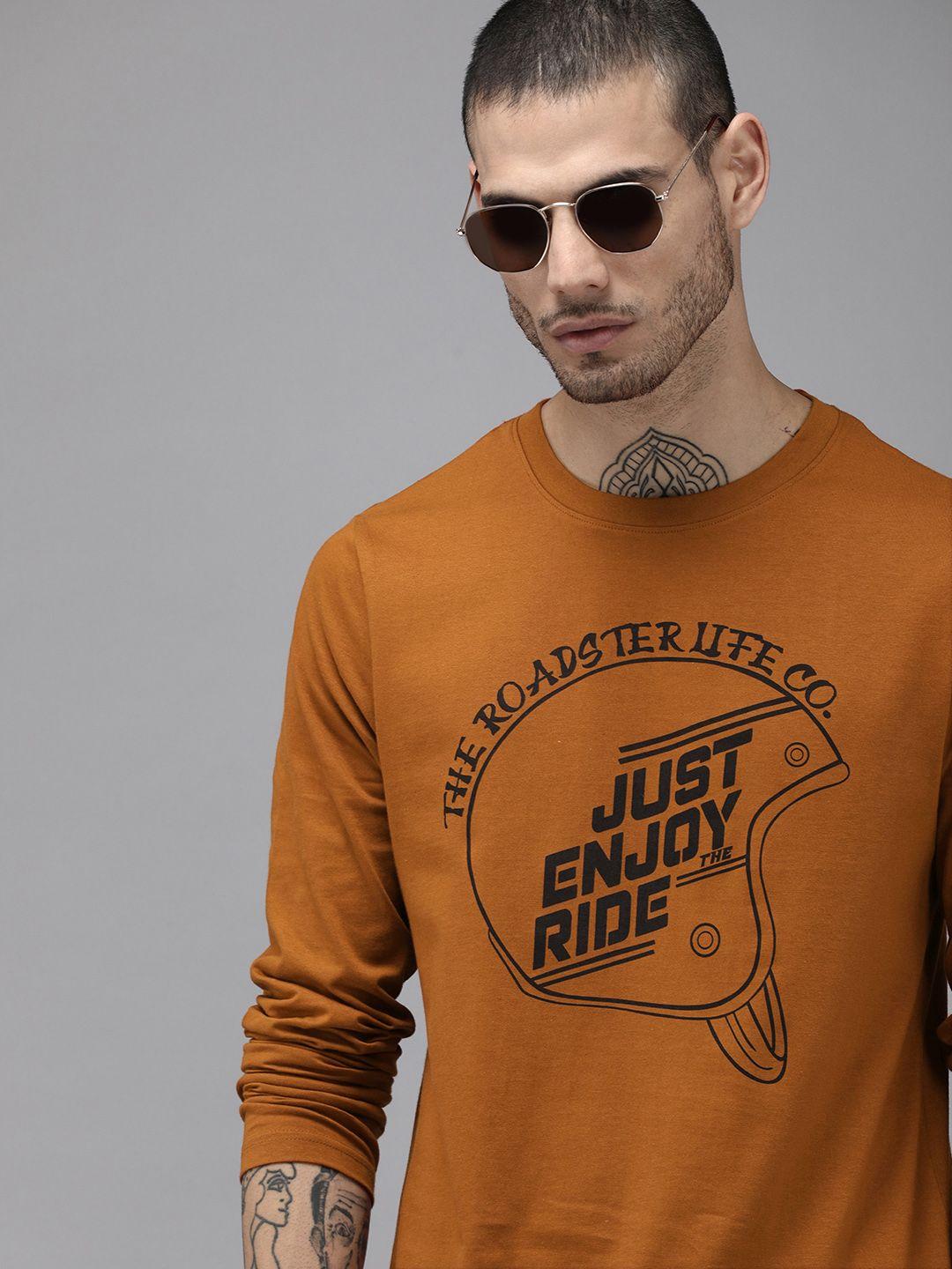 roadster men brown typography printed cotton t-shirt