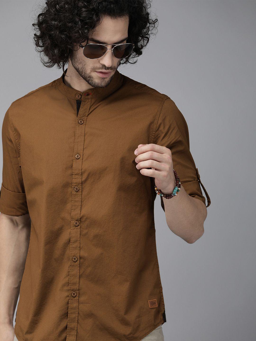 roadster men camel brown regular fit solid sustainable casual shirt