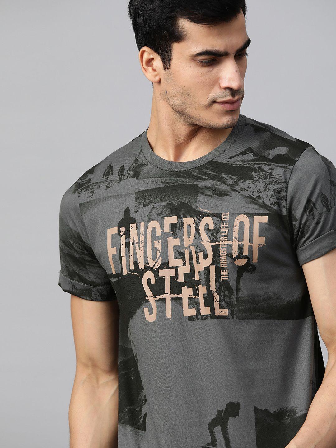 roadster men charcoal grey & black conversational print round neck t-shirt