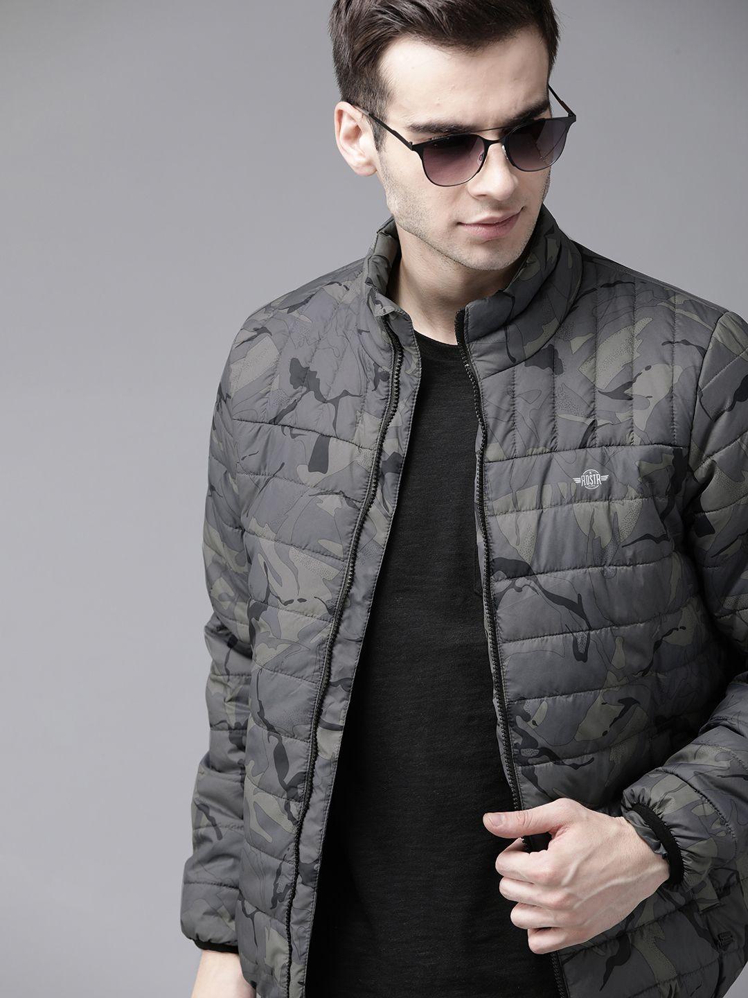 roadster men charcoal grey & black printed padded jacket