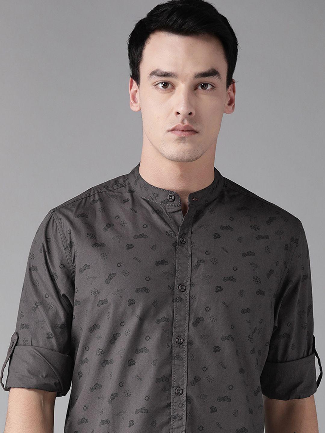 roadster men charcoal grey & black regular fit printed sustainable casual shirt