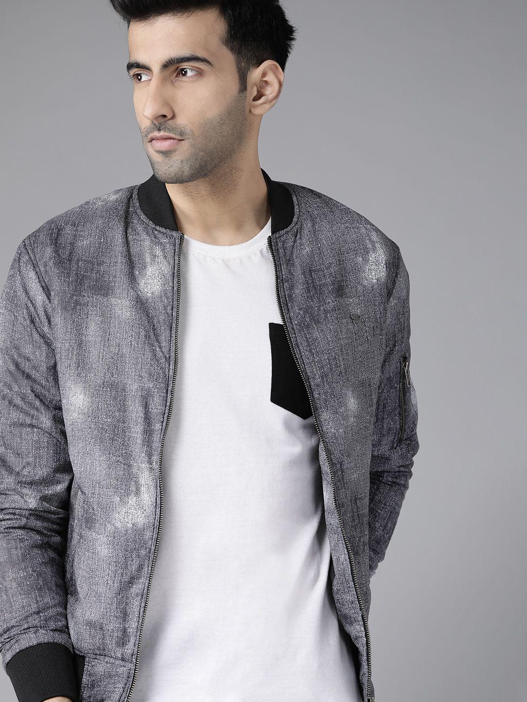 roadster men charcoal grey & off-white printed bomber jacket