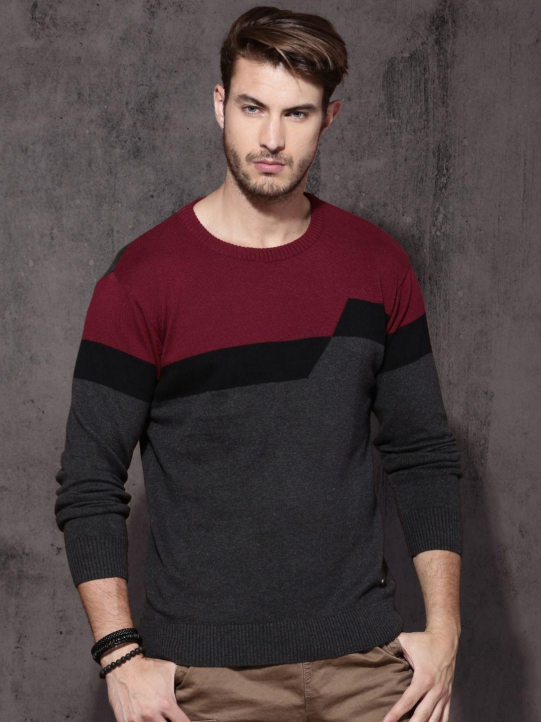 roadster men charcoal grey & red colourblocked pullover