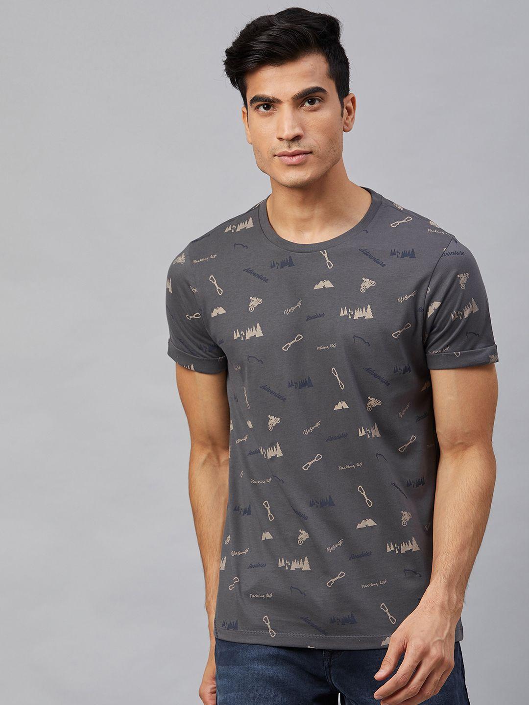 roadster men charcoal grey and beige quirky printed round neck pure cotton t-shirt