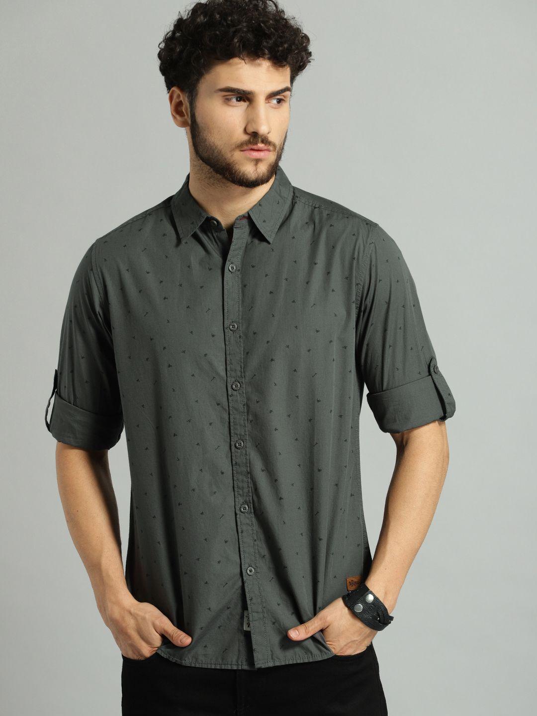 roadster men charcoal grey regular fit printed casual sustainable shirt