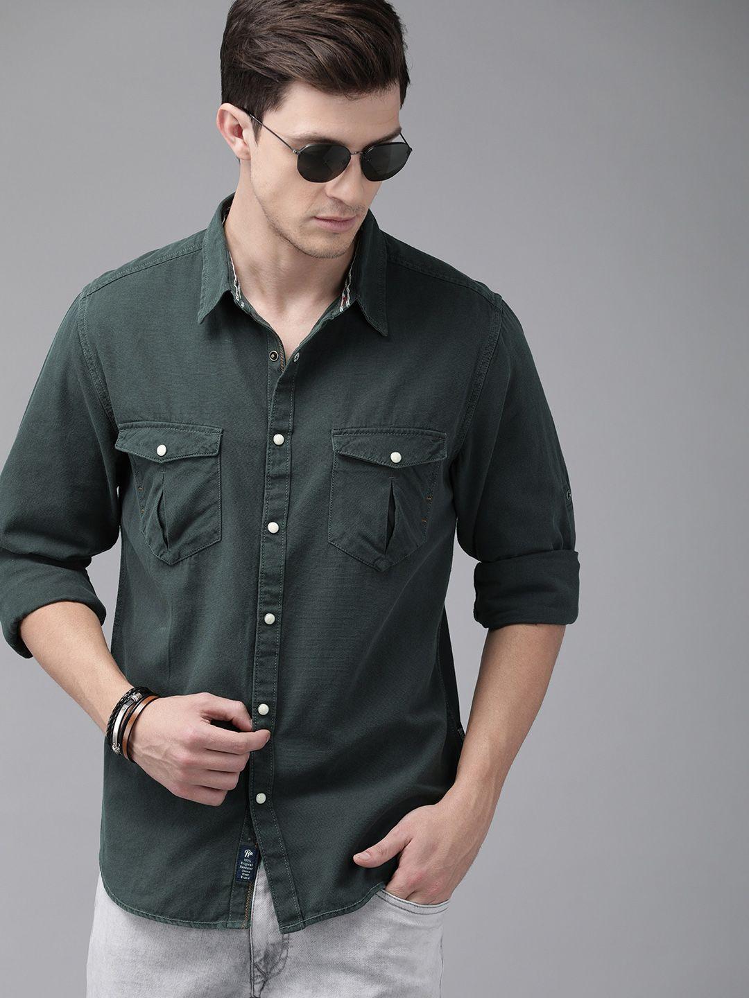 roadster men charcoal grey regular fit solid casual shirt