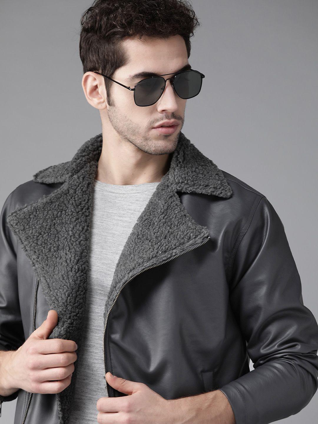 roadster men charcoal grey solid tailored jacket with faux fur detail