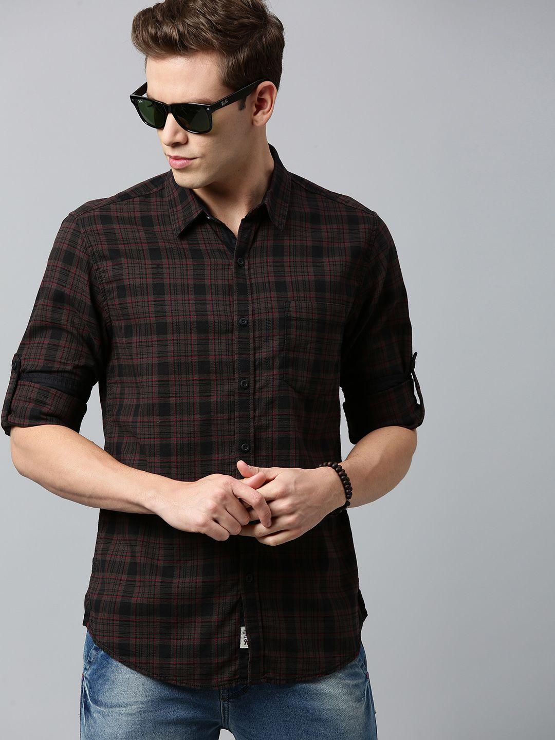 roadster men coffee brown & black regular fit checked sustainable casual shirt