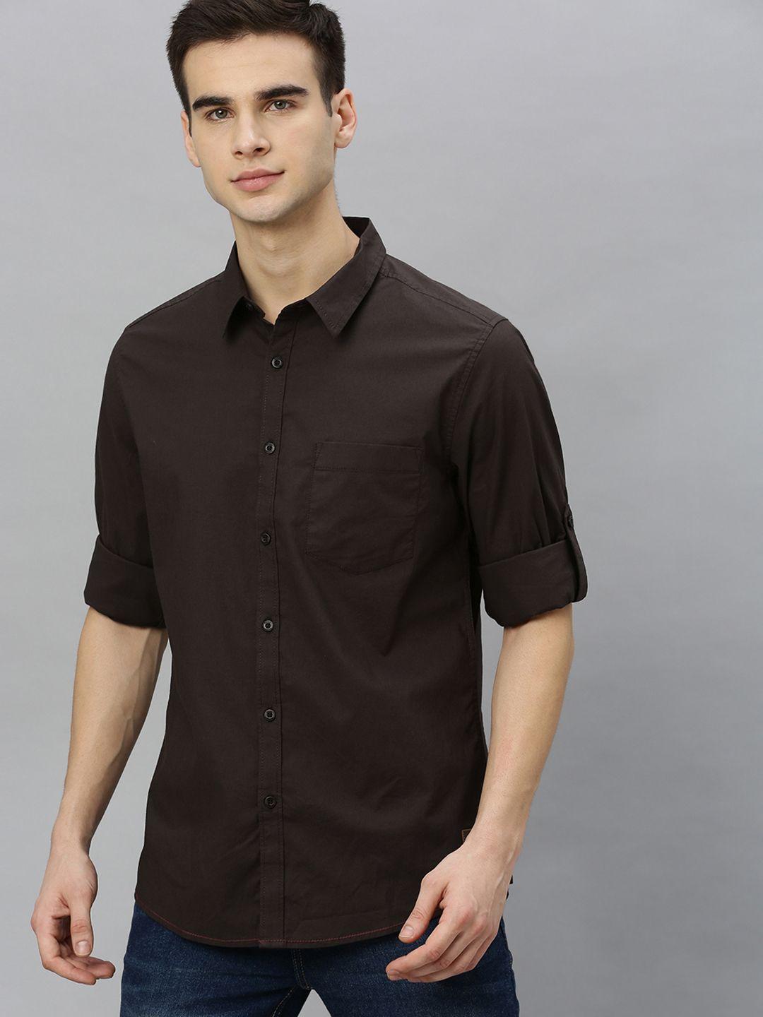 roadster men coffee brown regular fit solid casual shirt