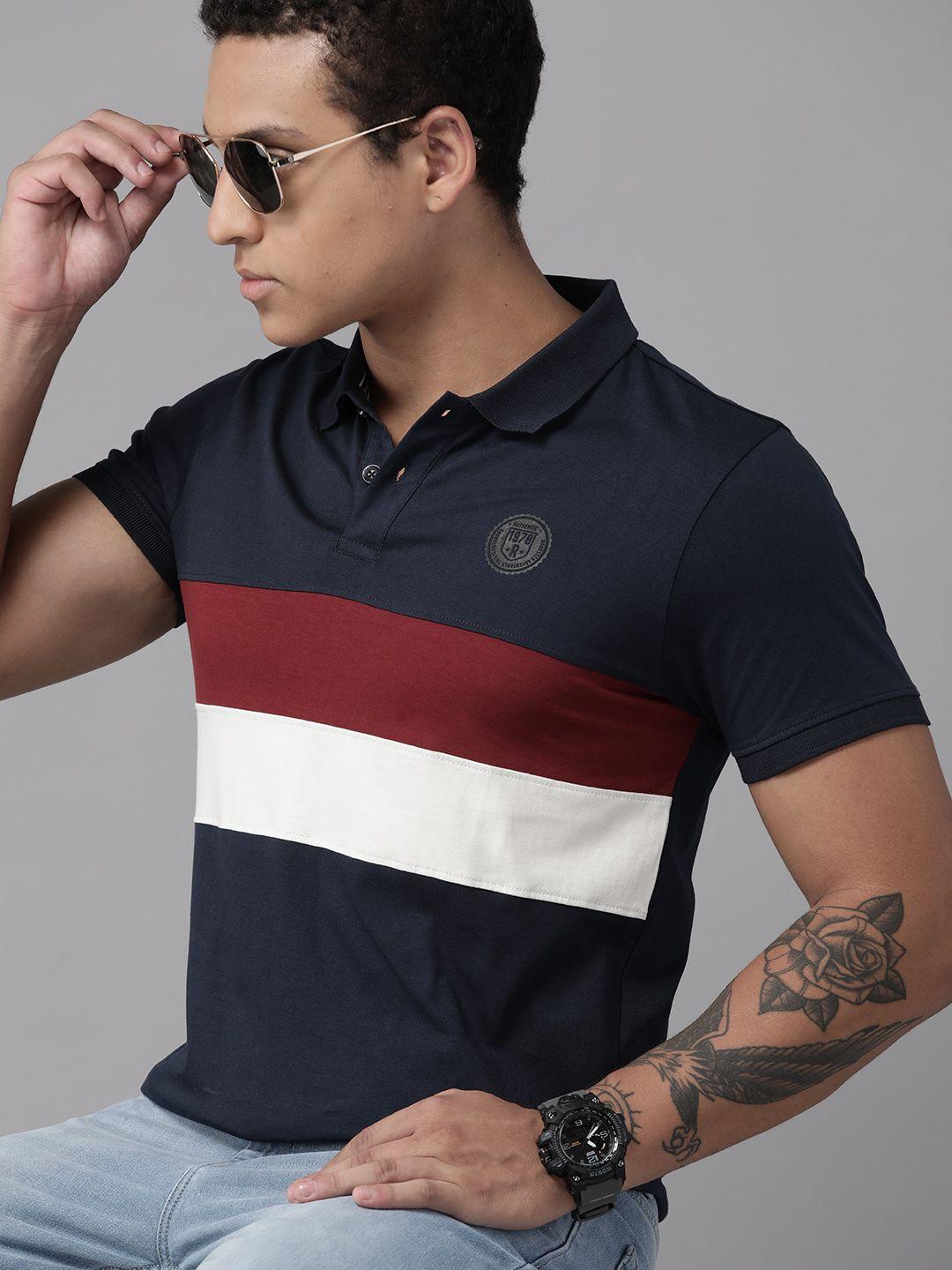 roadster men colourblocked polo collar pure cotton t-shirt