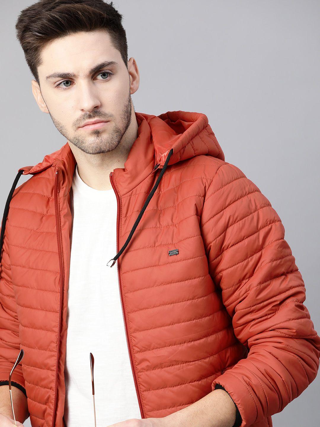 roadster men coral orange solid hooded padded jacket