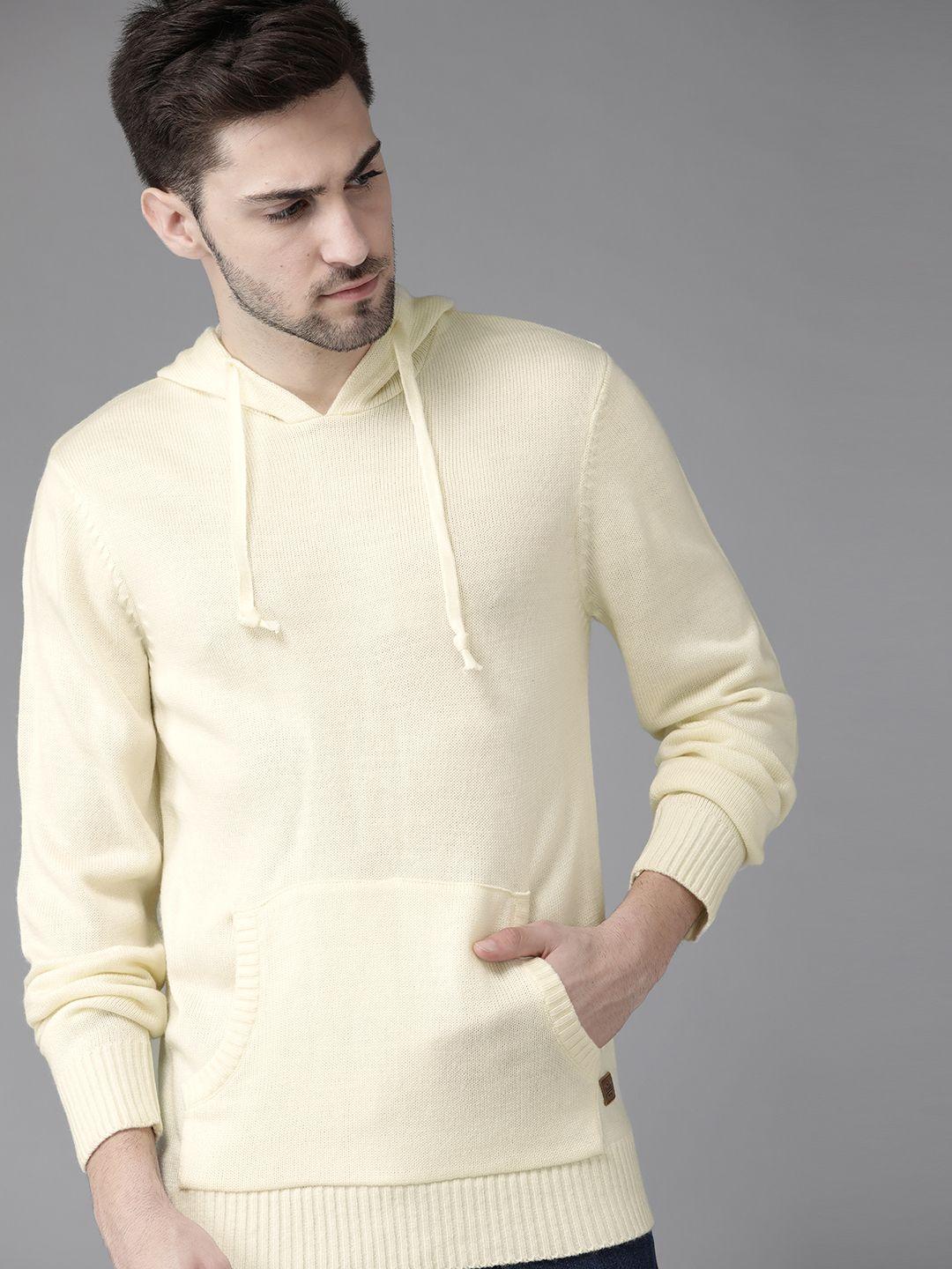 roadster men cream-colored solid pullover sweater