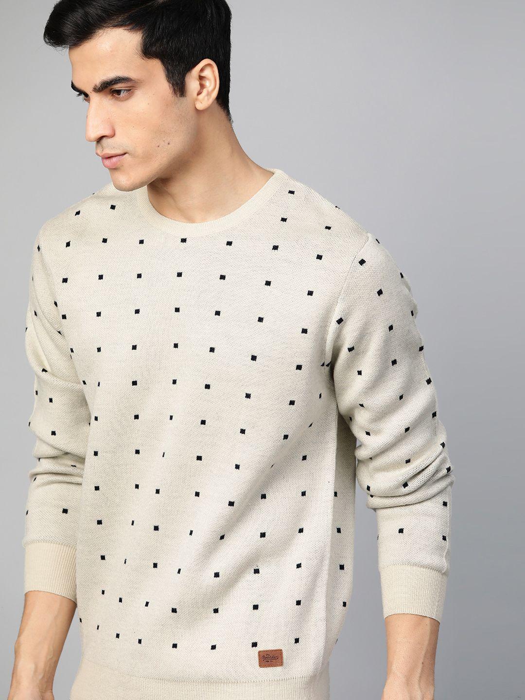 roadster men cream-coloured & black self design pullover sweater