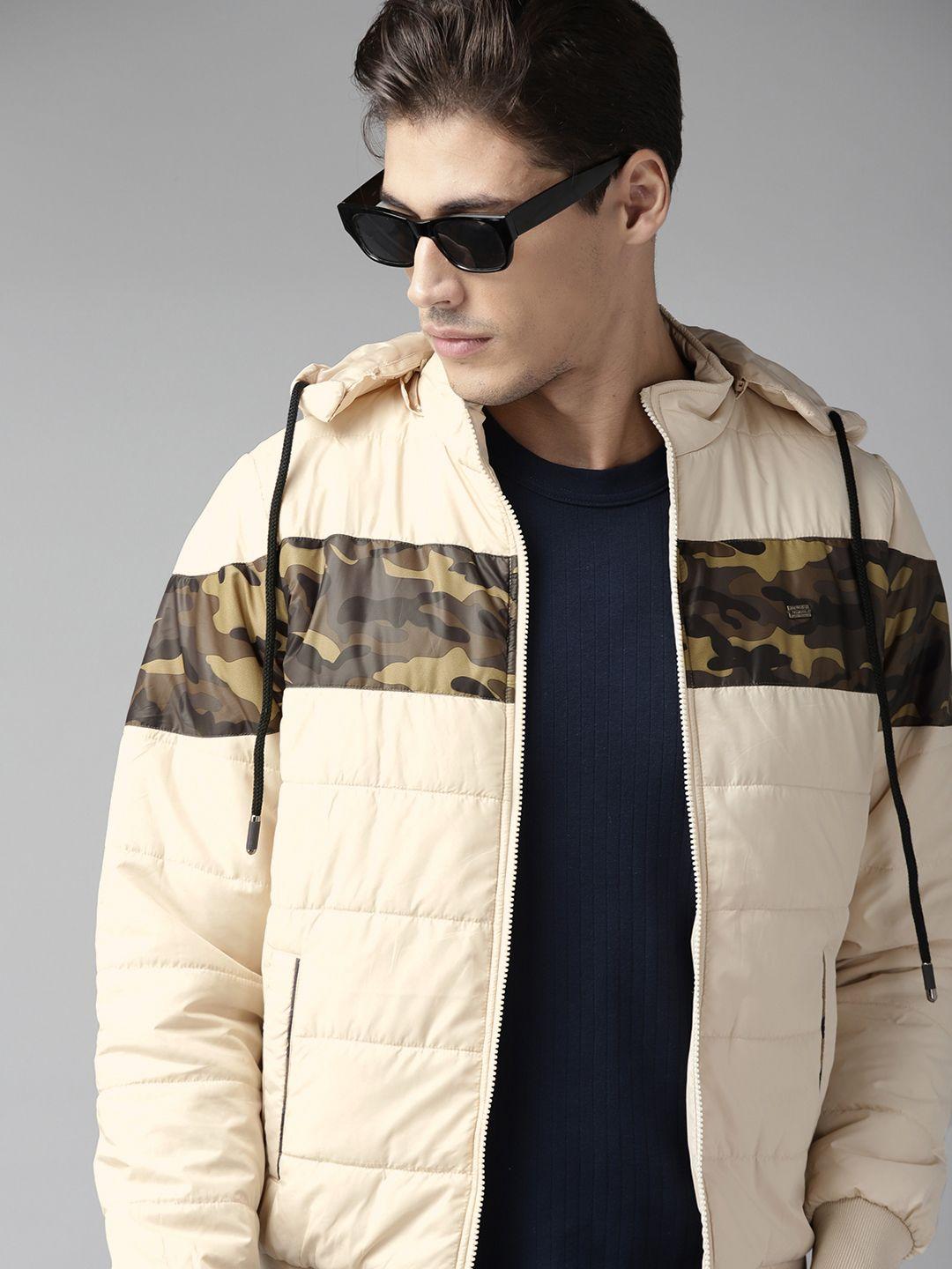 roadster men cream-coloured hooded bomber jacket