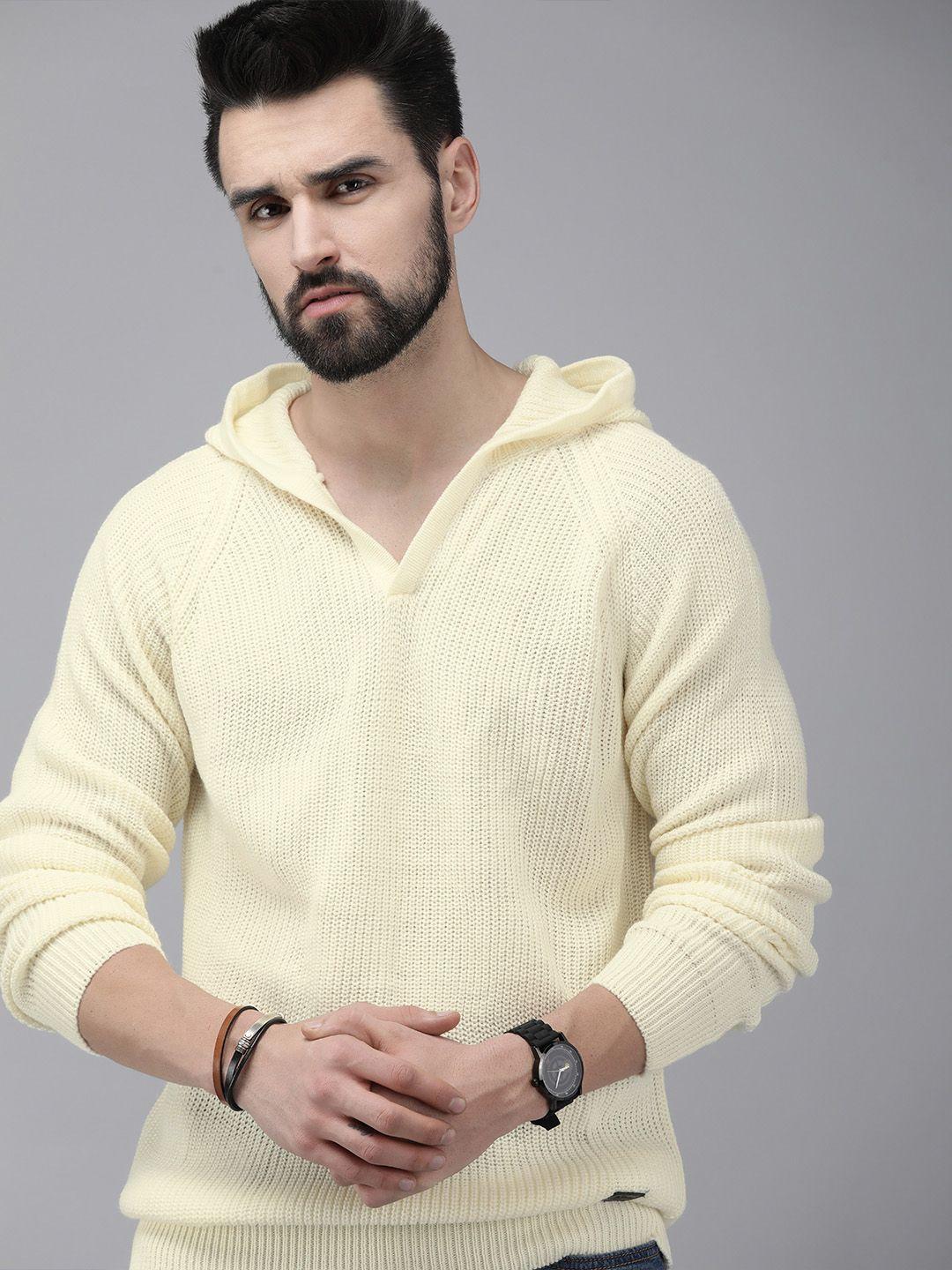 roadster men cream-coloured hooded pullover