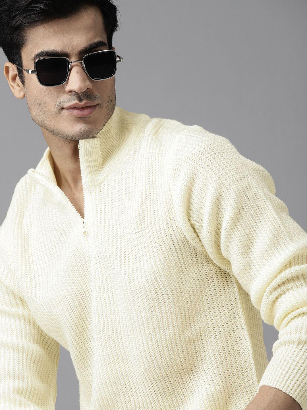 roadster men cream-coloured self-striped pullover