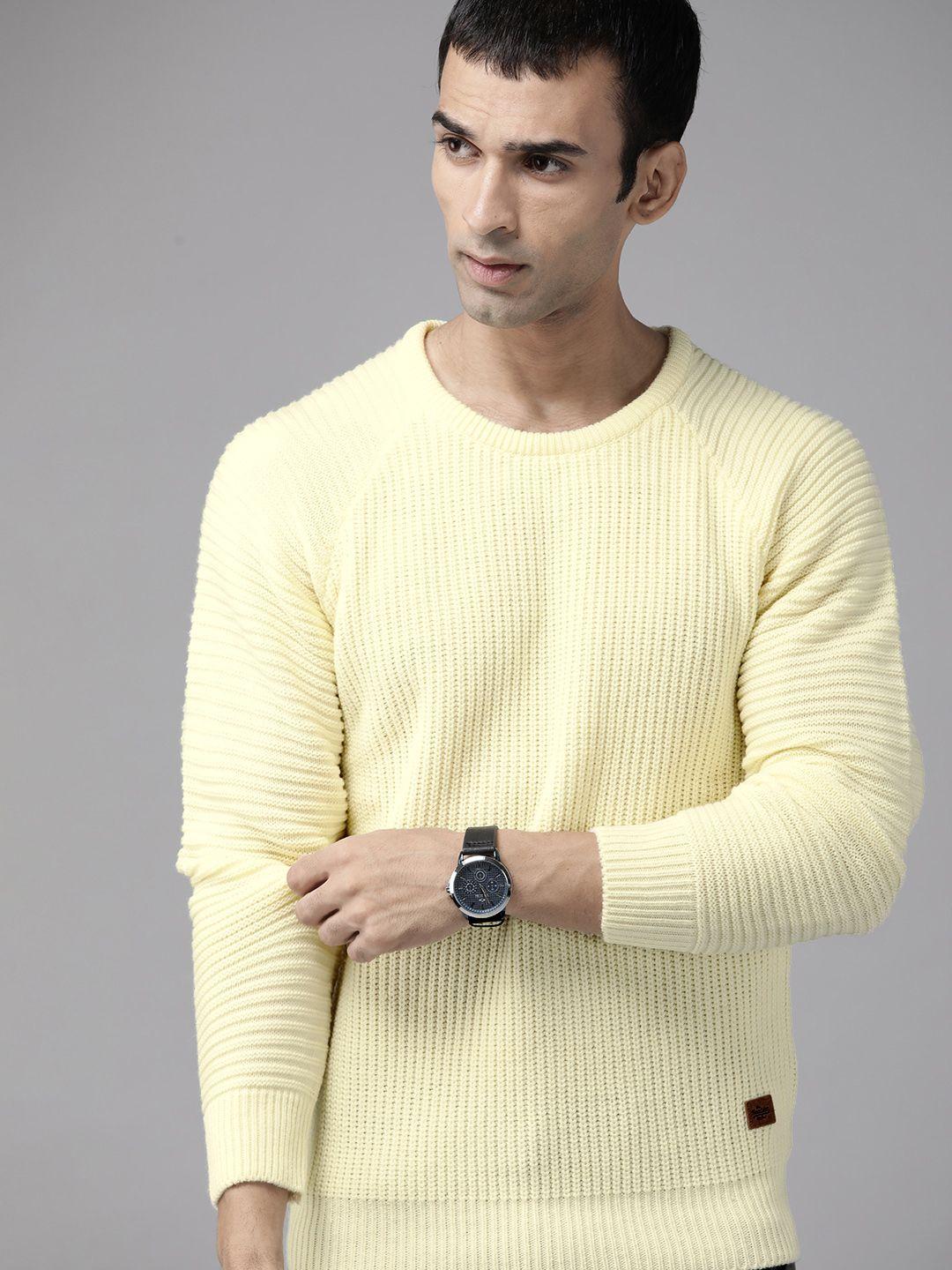 roadster men cream-coloured solid pullover