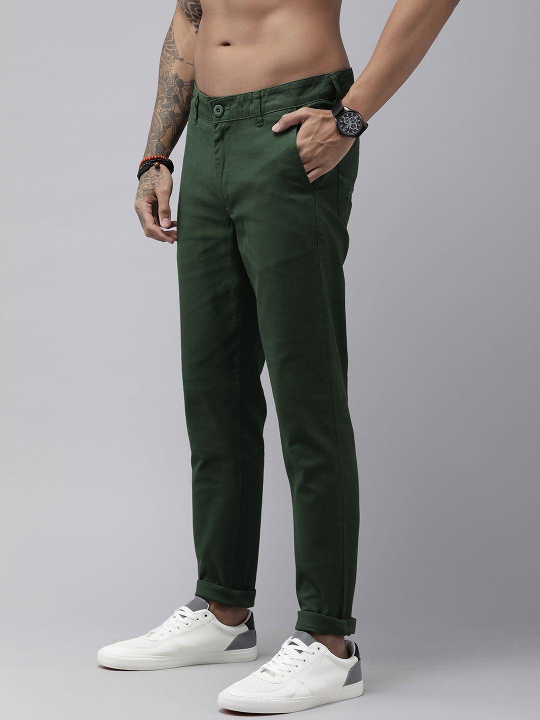roadster men dark green straight fit solid trousers