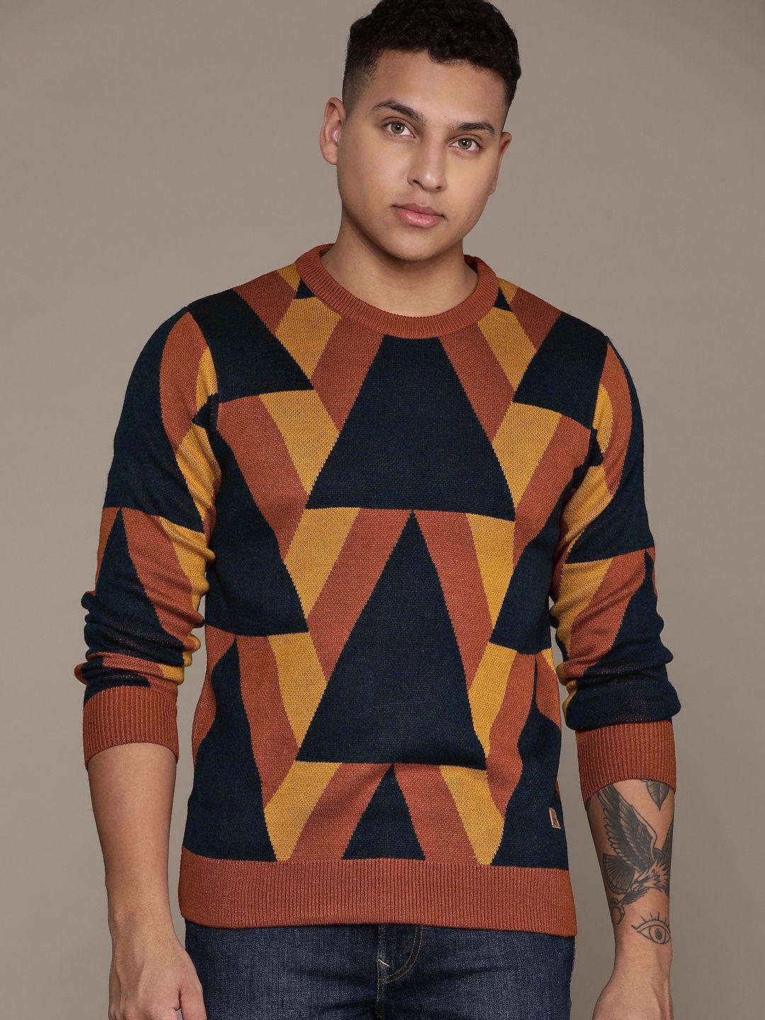 roadster men geometric printed acrylic pullover sweater