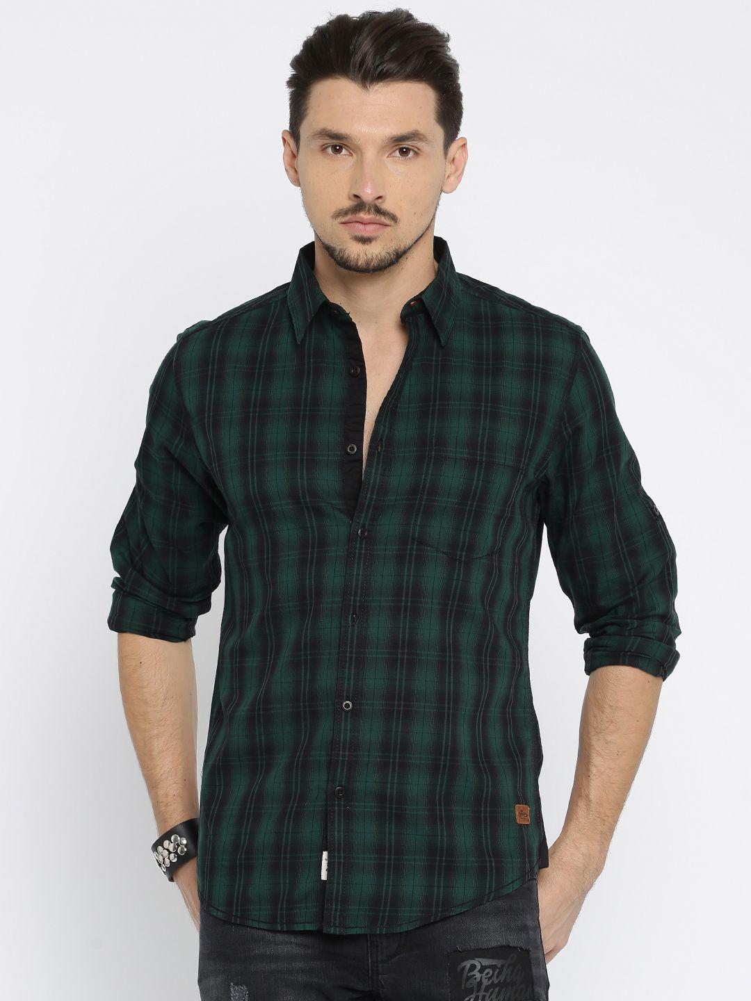 roadster men green & black checked sustainable casual shirt